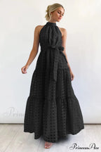 Check Halter Neck Charming Tie Waist Maxi Dress image 16
