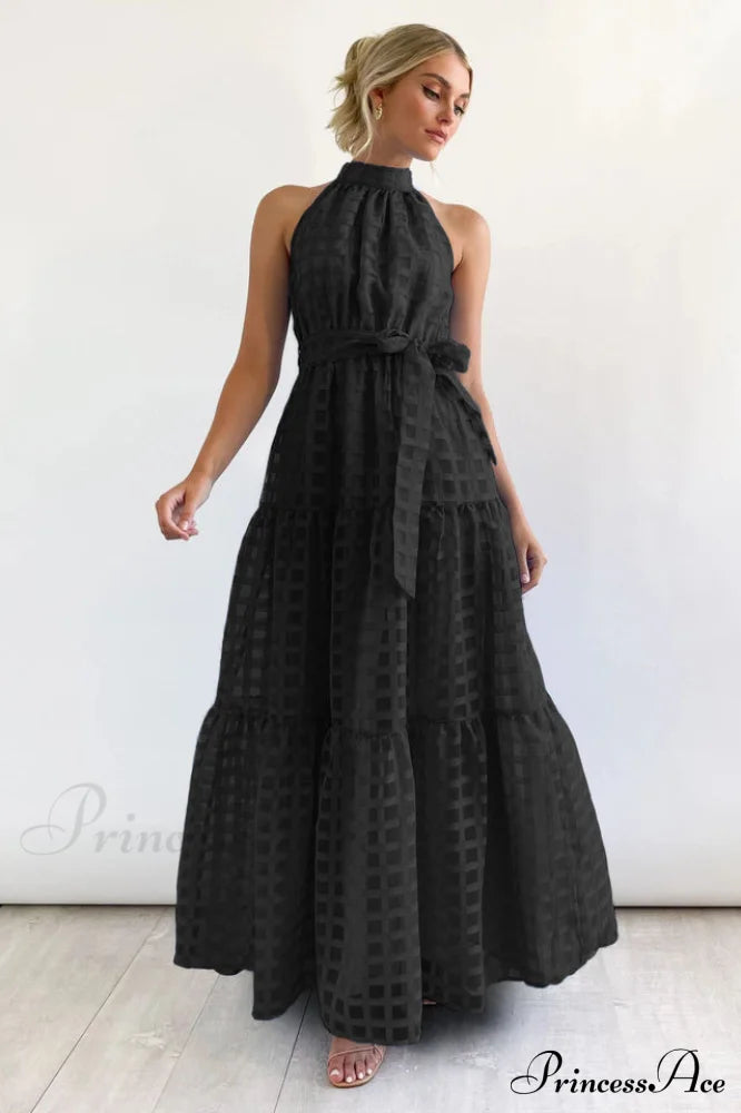 Check Halter Neck Charming Tie Waist Maxi Dress image 16
