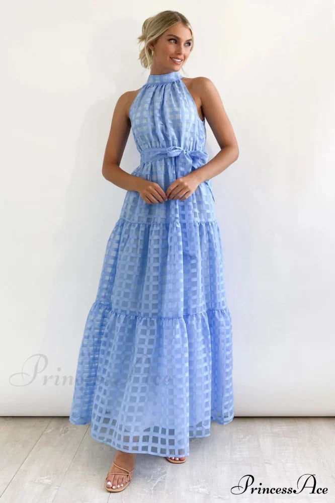 Check Halter Neck Charming Tie Waist Maxi Dress image 4