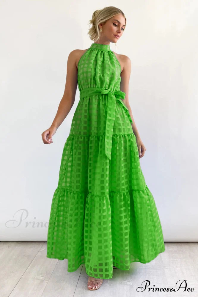 Check Halter Neck Charming Tie Waist Maxi Dress image 7