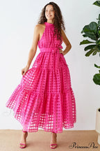 Check Halter Neck Charming Tie Waist Maxi Dress image 2