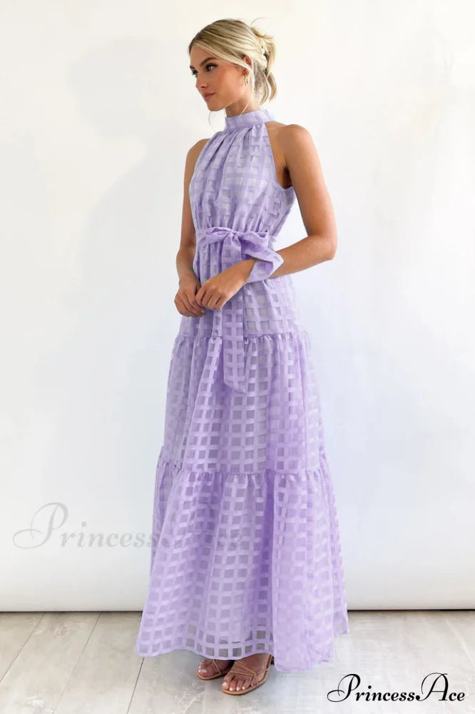 Check Halter Neck Charming Tie Waist Maxi Dress image 11