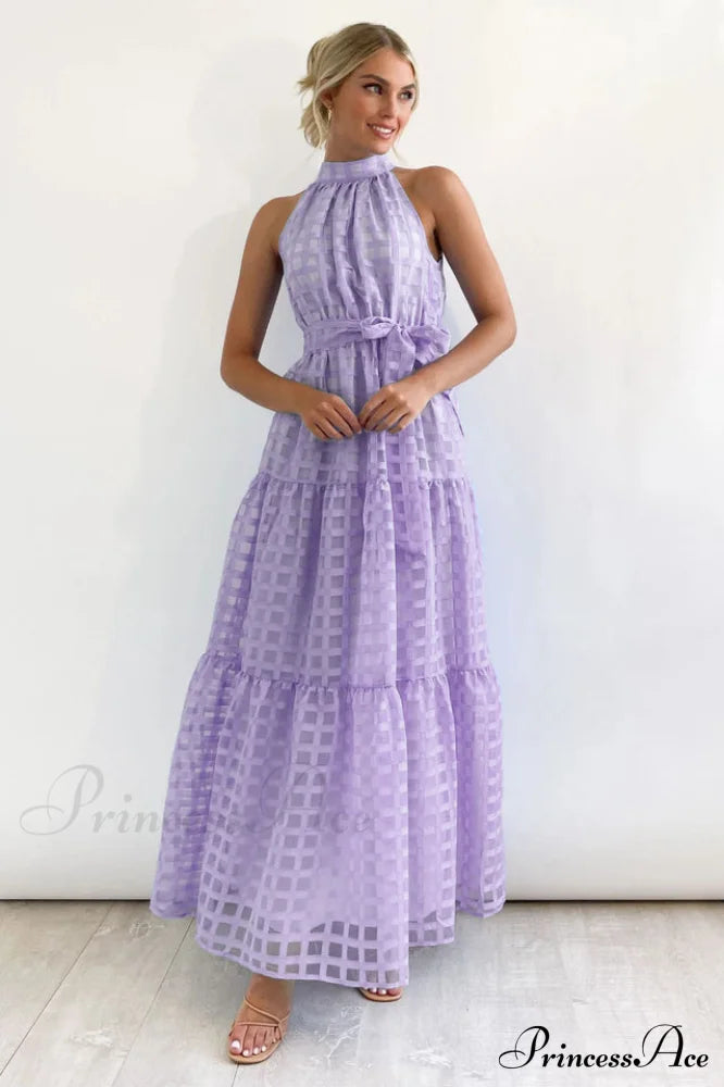 Check Halter Neck Charming Tie Waist Maxi Dress image 10