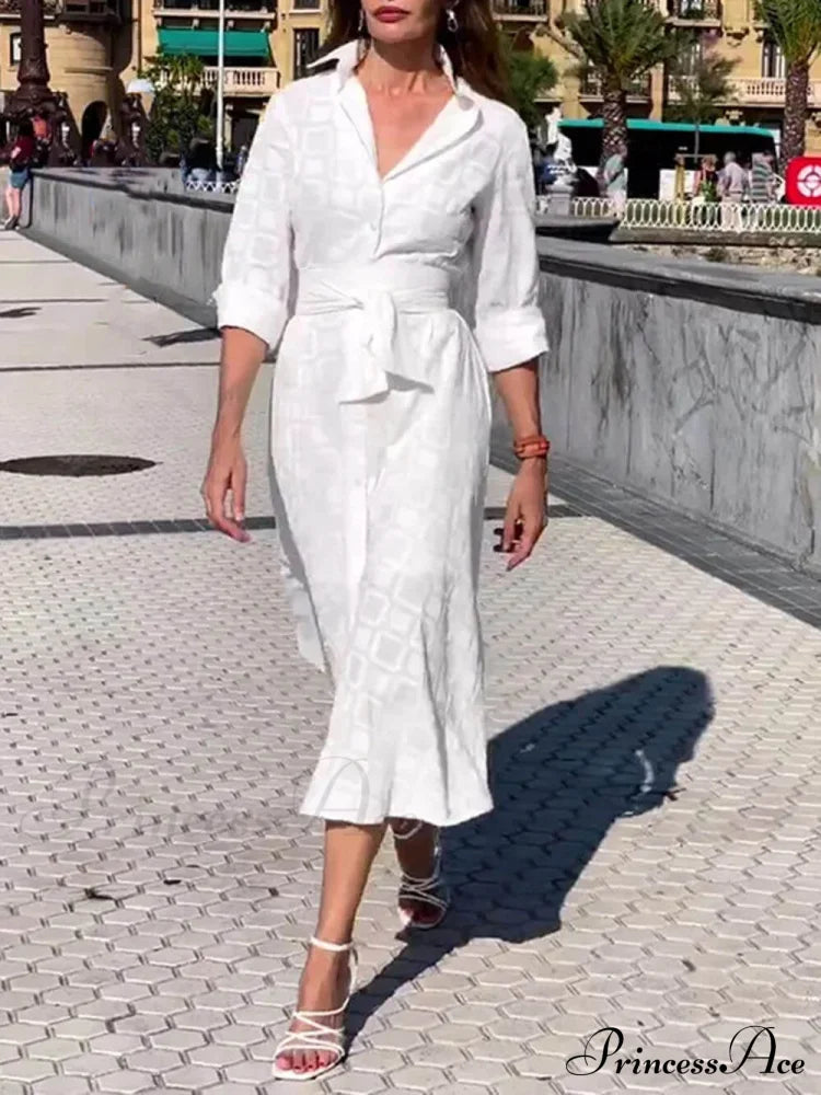Check Print Belt Button Graceful Pocket Long Sleeve Midi Dress image 4