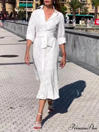 Check Print Belt Button Graceful Pocket Long Sleeve Midi Dress image 4