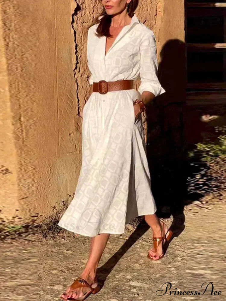 Check Print Belt Button Graceful Pocket Long Sleeve Midi Dress image 2