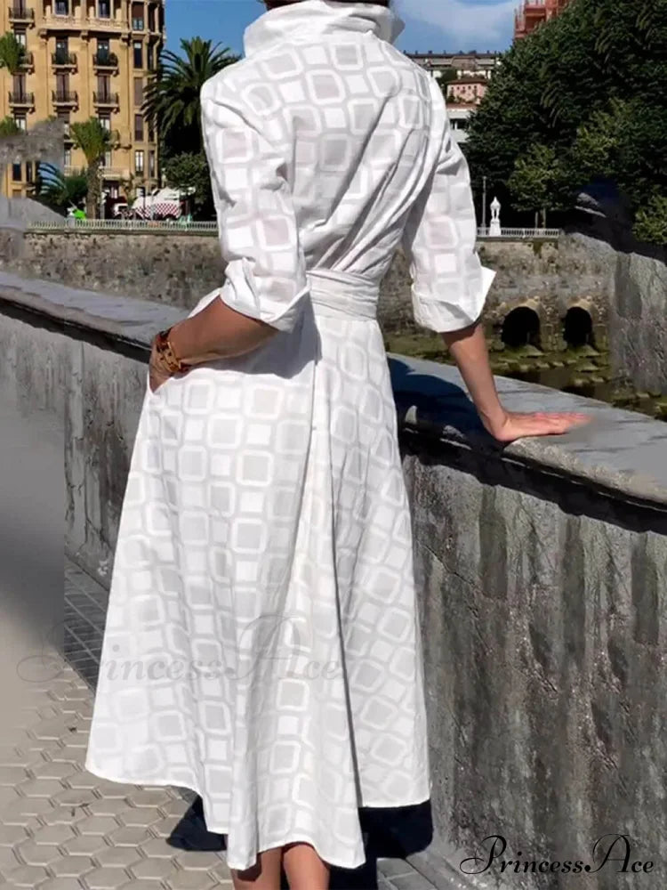 Check Print Belt Button Graceful Pocket Long Sleeve Midi Dress image 5