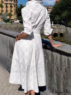 Check Print Belt Button Graceful Pocket Long Sleeve Midi Dress image 5