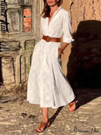 Check Print Belt Button Graceful Pocket Long Sleeve Midi Dress image 3
