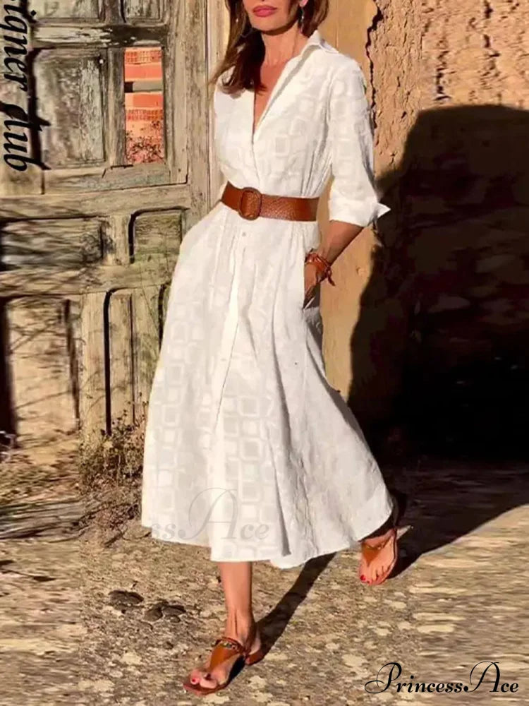 Check Print Belt Button Graceful Pocket Long Sleeve Midi Dress image 3