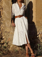 Check Print Belt Button Graceful Pocket Long Sleeve Midi Dress image 1