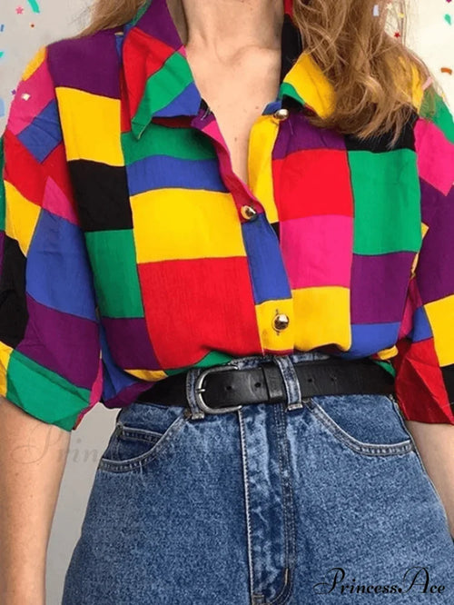 Checkered Long Trendy Sleeve Button Blouse image 1