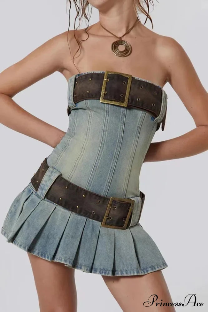 Chelsea Denim Stylish Kilt Mini Dress image 7
