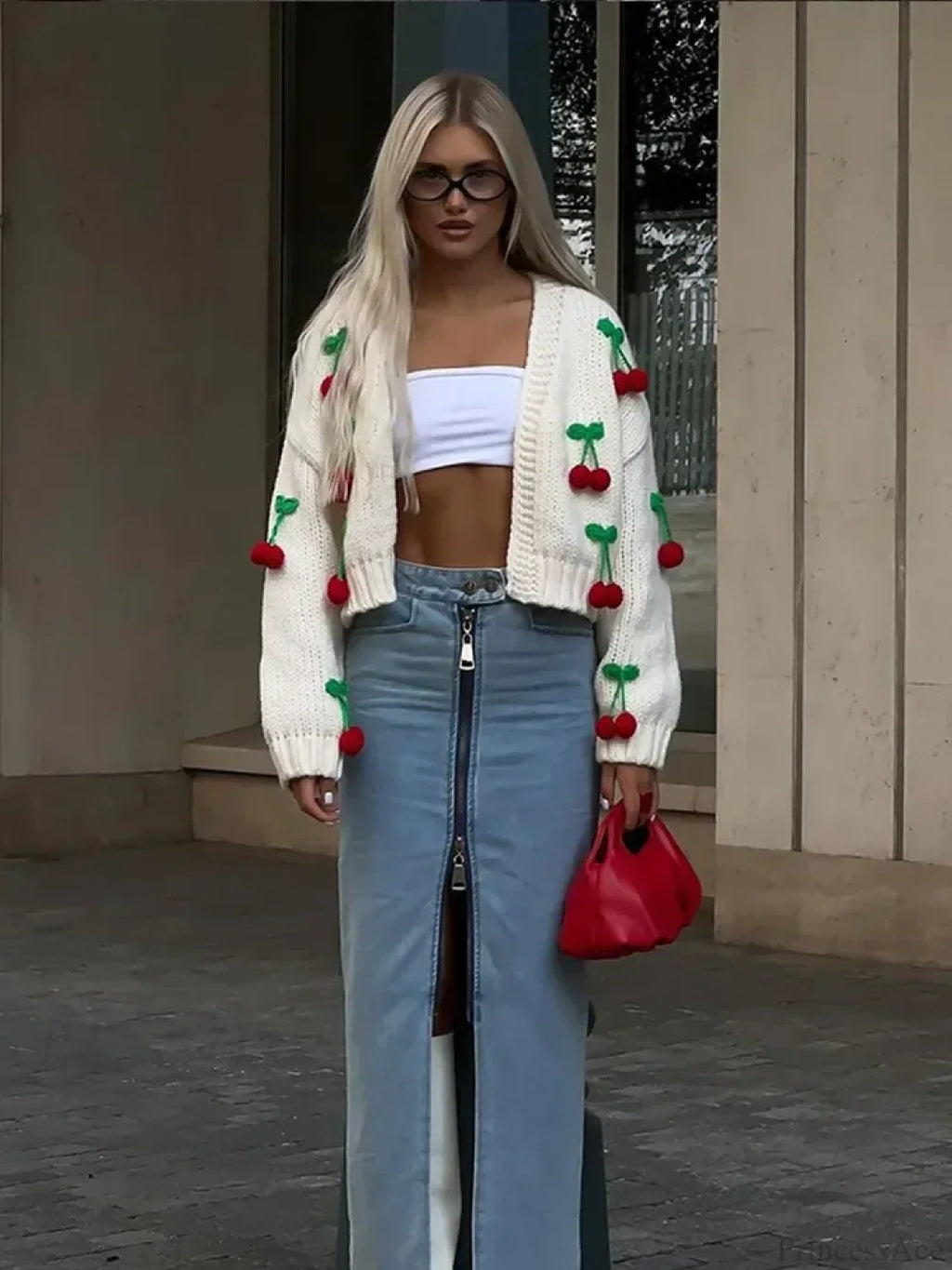 Cherry Decorated V-neck Cardigan Sweater image 3
