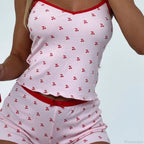 Cherry Print Sleeveless V Neck Cami Crop Top Shorts Two Pieces Set image 5