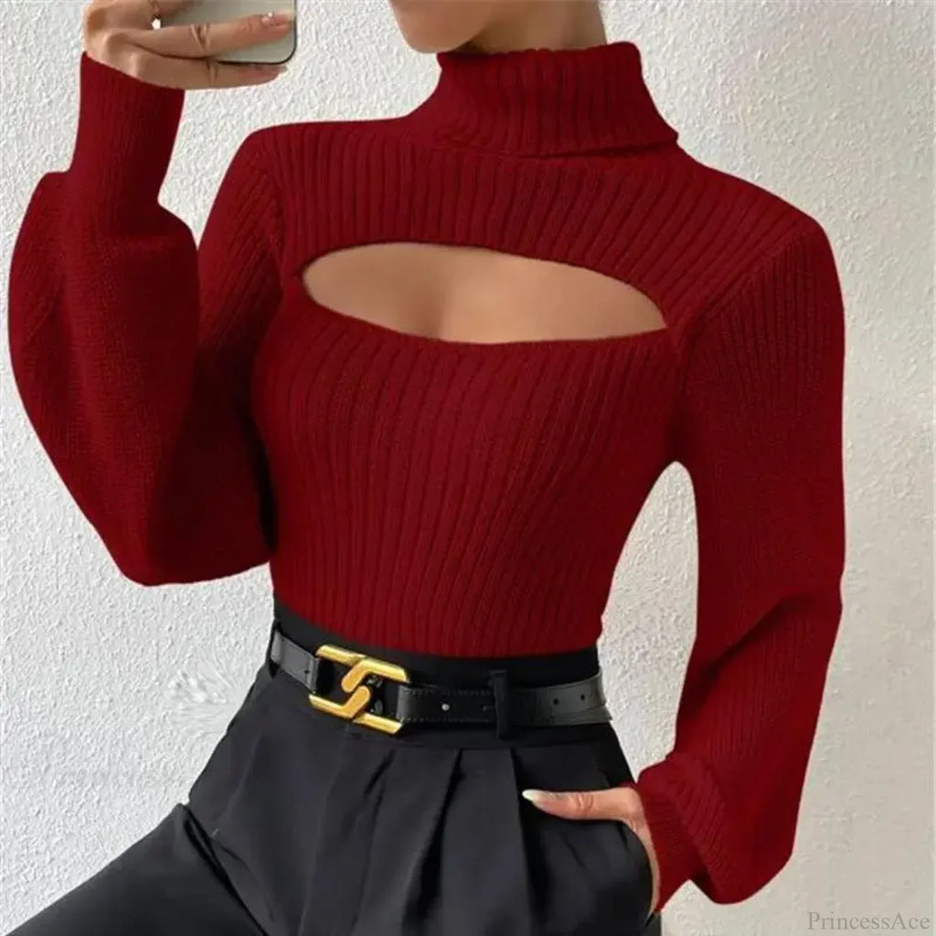Chest Hollowed-out Turtleneck Sexy Sweater image 2