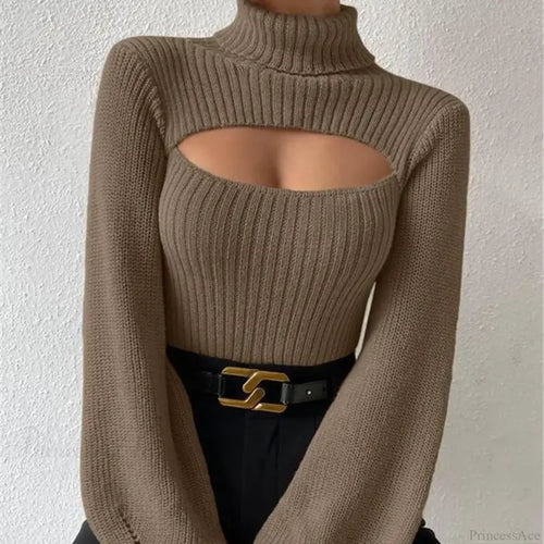 Chest Hollowed-out Turtleneck Sexy Sweater image 1