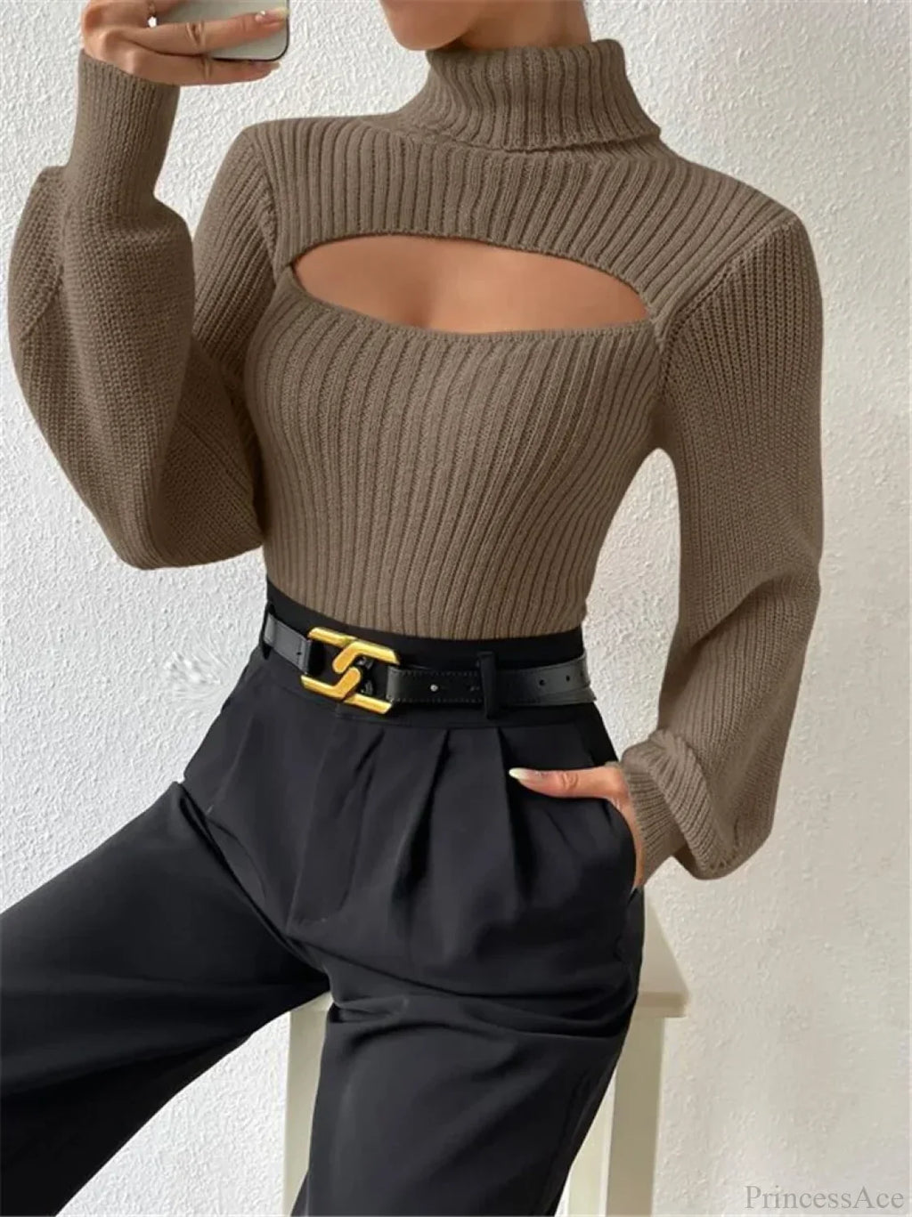 Chest Hollowed-out Turtleneck Sexy Sweater image 9