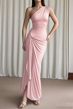 Chic Asymmetrical One Shoulder Slim Slit Maxi Dress image 2