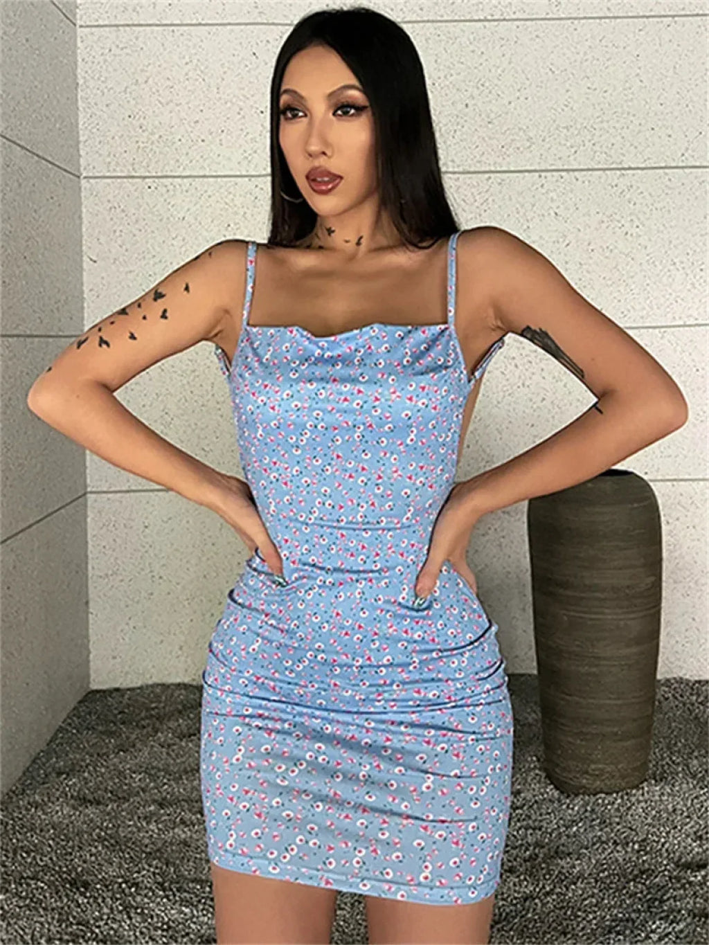 Chic Floral Print Backless Sling Mini Suspender Wrap Bodycon Party Dress image 3