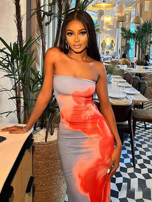 Chic Floral Strapless Midi Split Backless Dress image 1