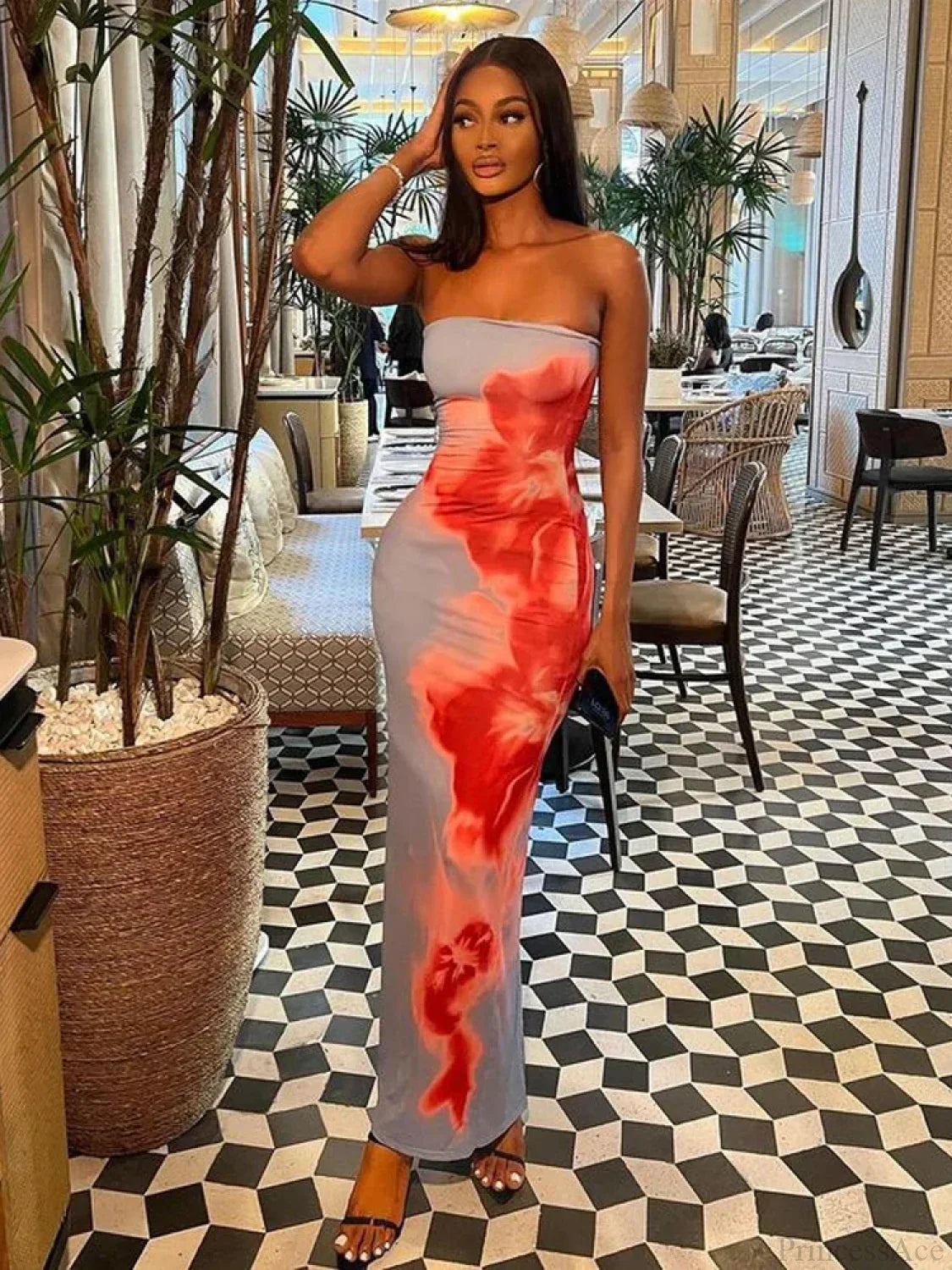Chic Floral Strapless Midi Split Backless Dress image 2
