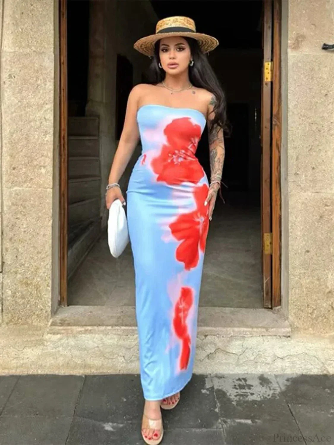 Chic Floral Strapless Midi Split Backless Dress image 6
