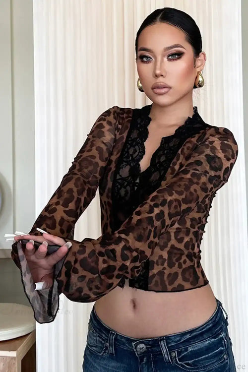 Chic Leopard Print Mesh Lace Trim Blouse image 2