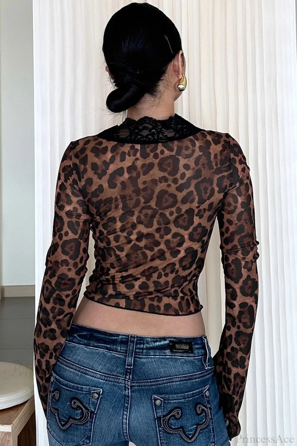 Chic Leopard Print Mesh Lace Trim Blouse image 4