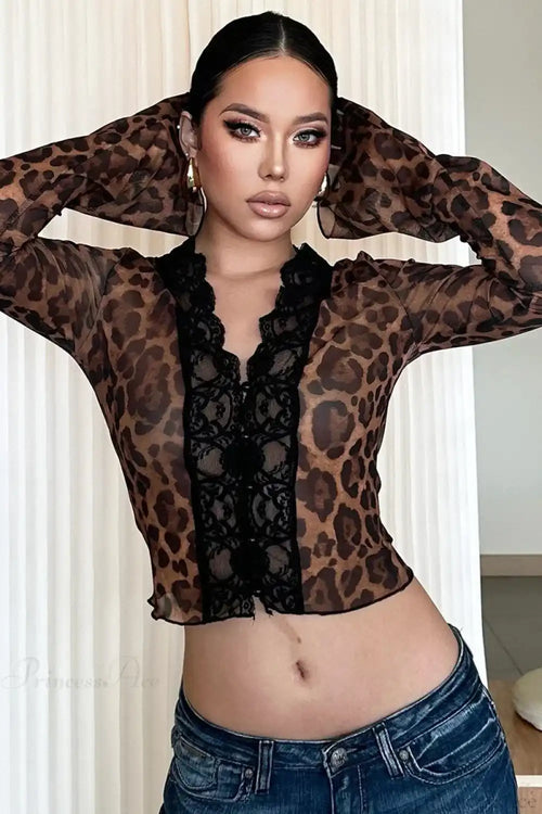 Chic Leopard Print Mesh Lace Trim Blouse image 1