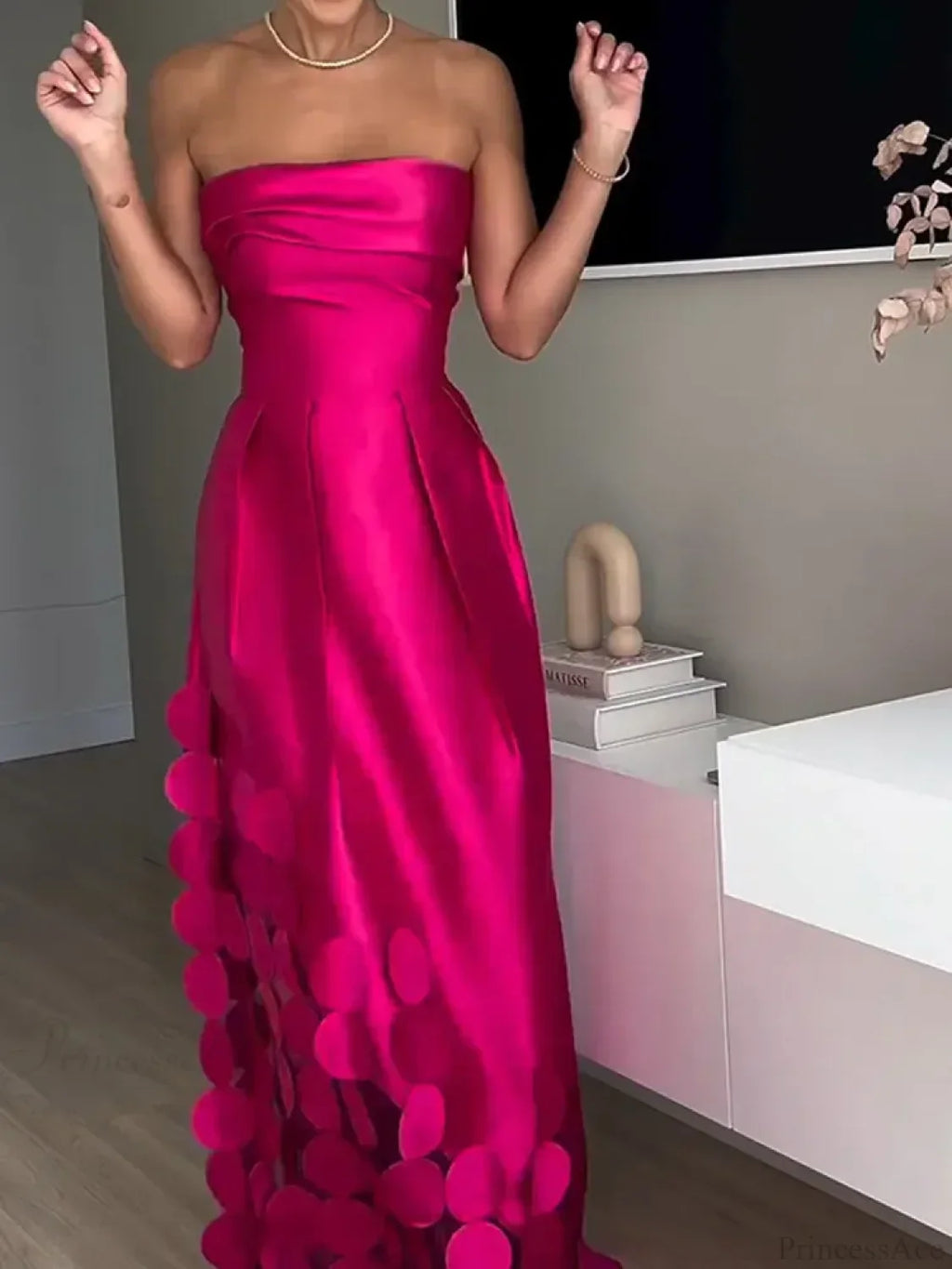 Chic Rose Red Sleeveless Satin Maxi Dress Elegant Backless Pleated Party Dress image 5
