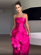 Chic Rose Red Sleeveless Satin Maxi Dress Elegant Backless Pleated Party Dress image 3