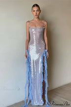Chic Sheer Sequin Ruffled Slip Maxi Dress image 4