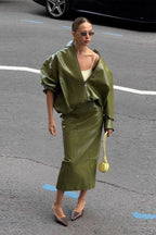 Chic Solid Patent Leather Stand Collar Jacket Skirt Two Piece Set image 2