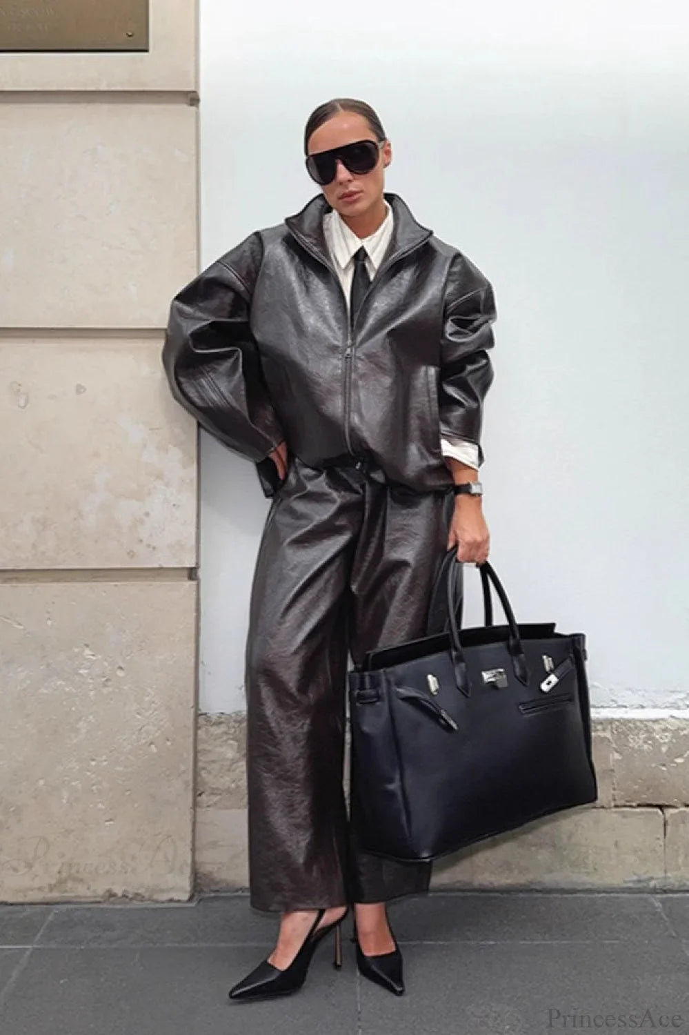 Chic Solid Patent Leather Stand Collar Jacket Skirt Two Piece Set image 5