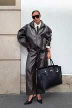 Chic Solid Patent Leather Stand Collar Jacket Skirt Two Piece Set image 5