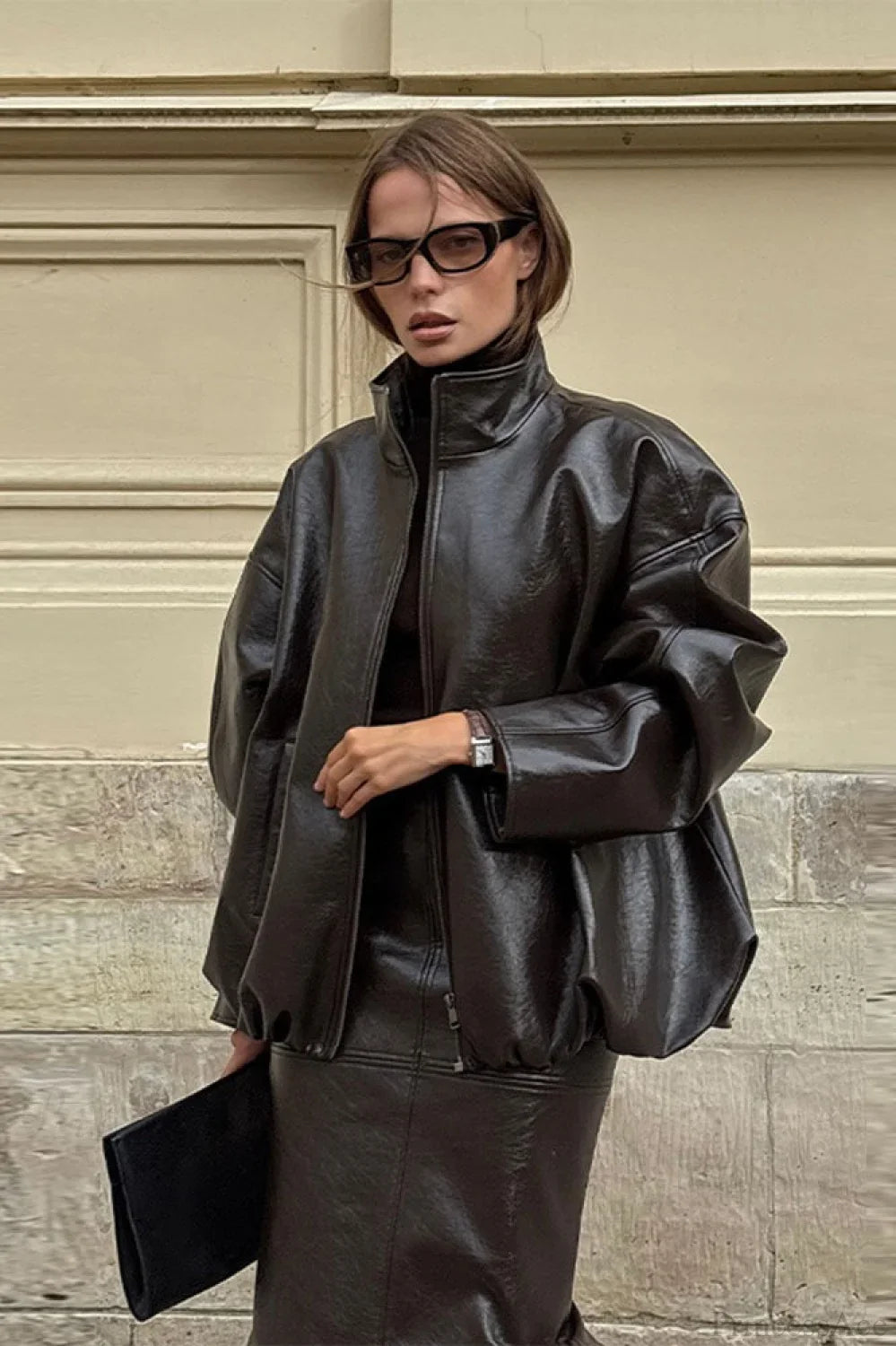 Chic Solid Patent Leather Stand Collar Jacket Skirt Two Piece Set image 3
