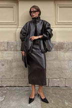 Chic Solid Patent Leather Stand Collar Jacket Skirt Two Piece Set image 4