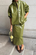 Chic Solid Patent Leather Stand Collar Jacket Skirt Two Piece Set image 1