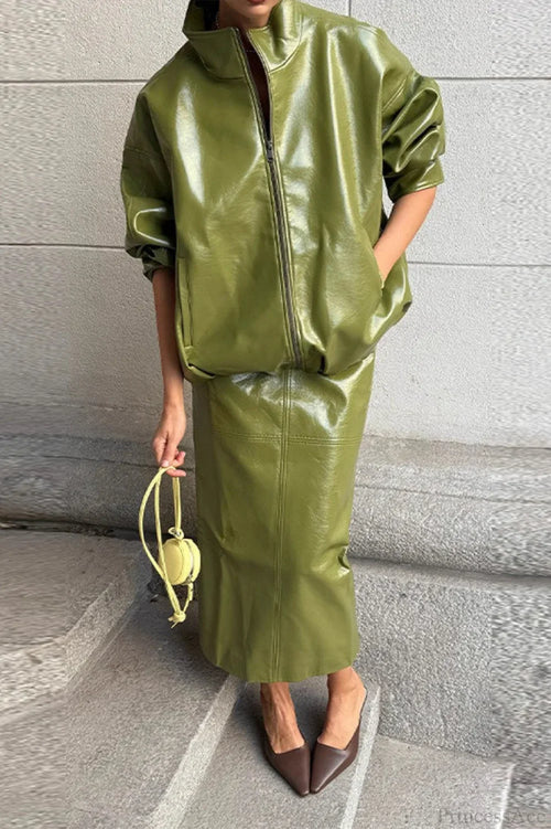 Chic Solid Patent Leather Stand Collar Jacket Skirt Two Piece Set image 1