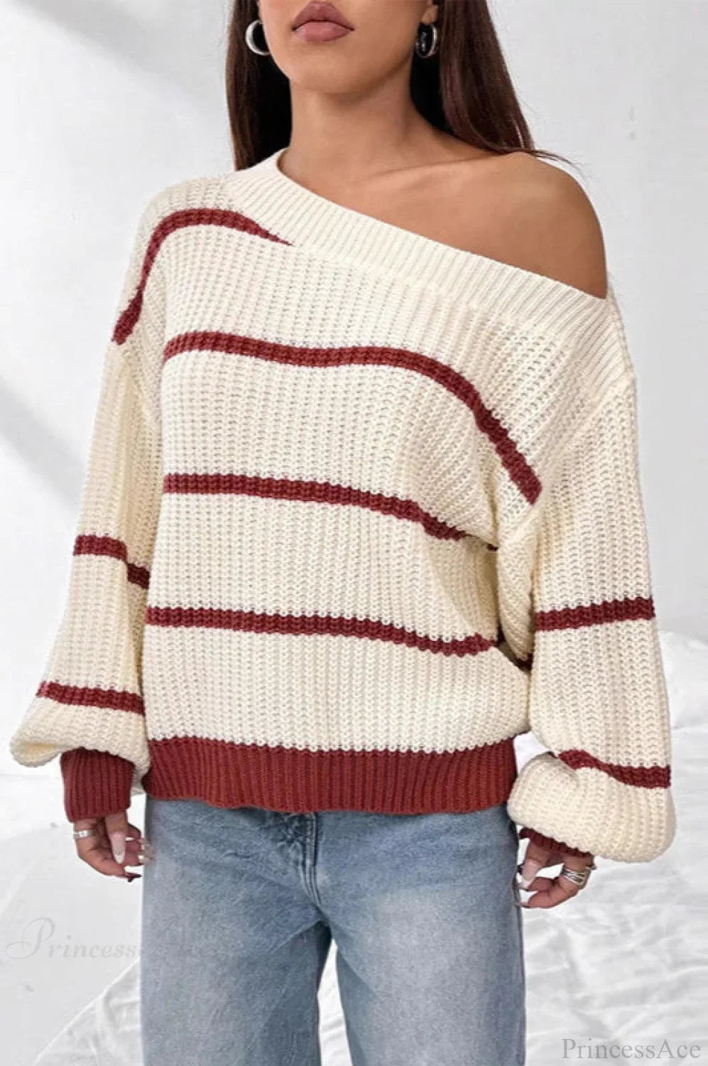 Chic Striped Off Shoulder Lantern Sleeve Knit Sweater image 2