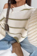 Chic Striped Off Shoulder Lantern Sleeve Knit Sweater image 7