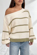 Chic Striped Off Shoulder Lantern Sleeve Knit Sweater image 5