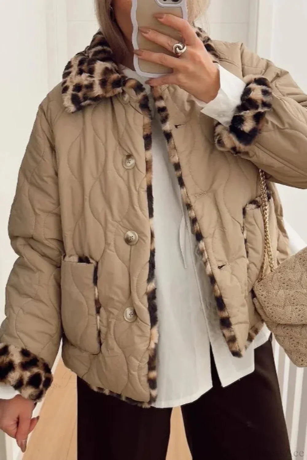 Chic Turn-Down Collar Reversible Leopard Cotton Coat image 1