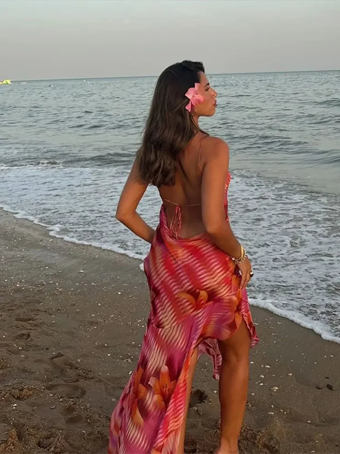 Chic V-neck Beach Ruffles Backless Floral Dress image 3