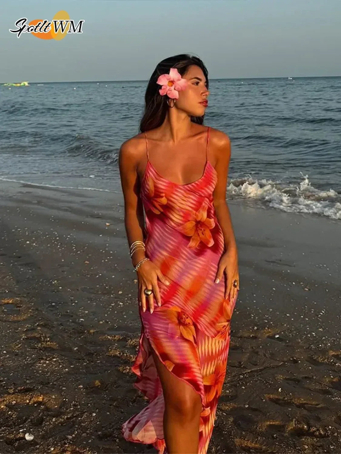 Chic V-neck Beach Ruffles Backless Floral Dress image 1