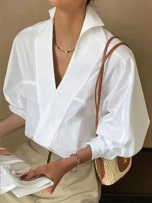 Chic V Neck Puff Sleeve White Blouse image 1