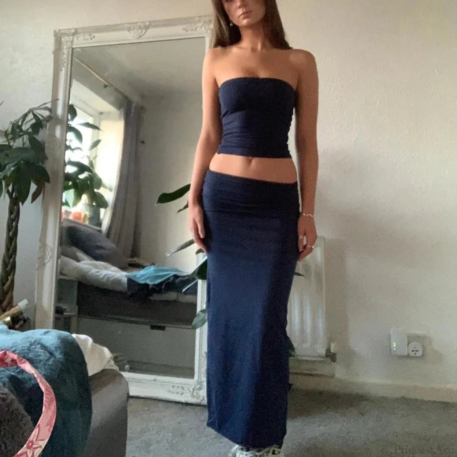 Chic Women Chest Wrap Tube Tops + Low Rise Long Skirt Summer Strapless Camis Crop Tops Y2K Fairycore Vintage 2 Piece Set Outfits image 7