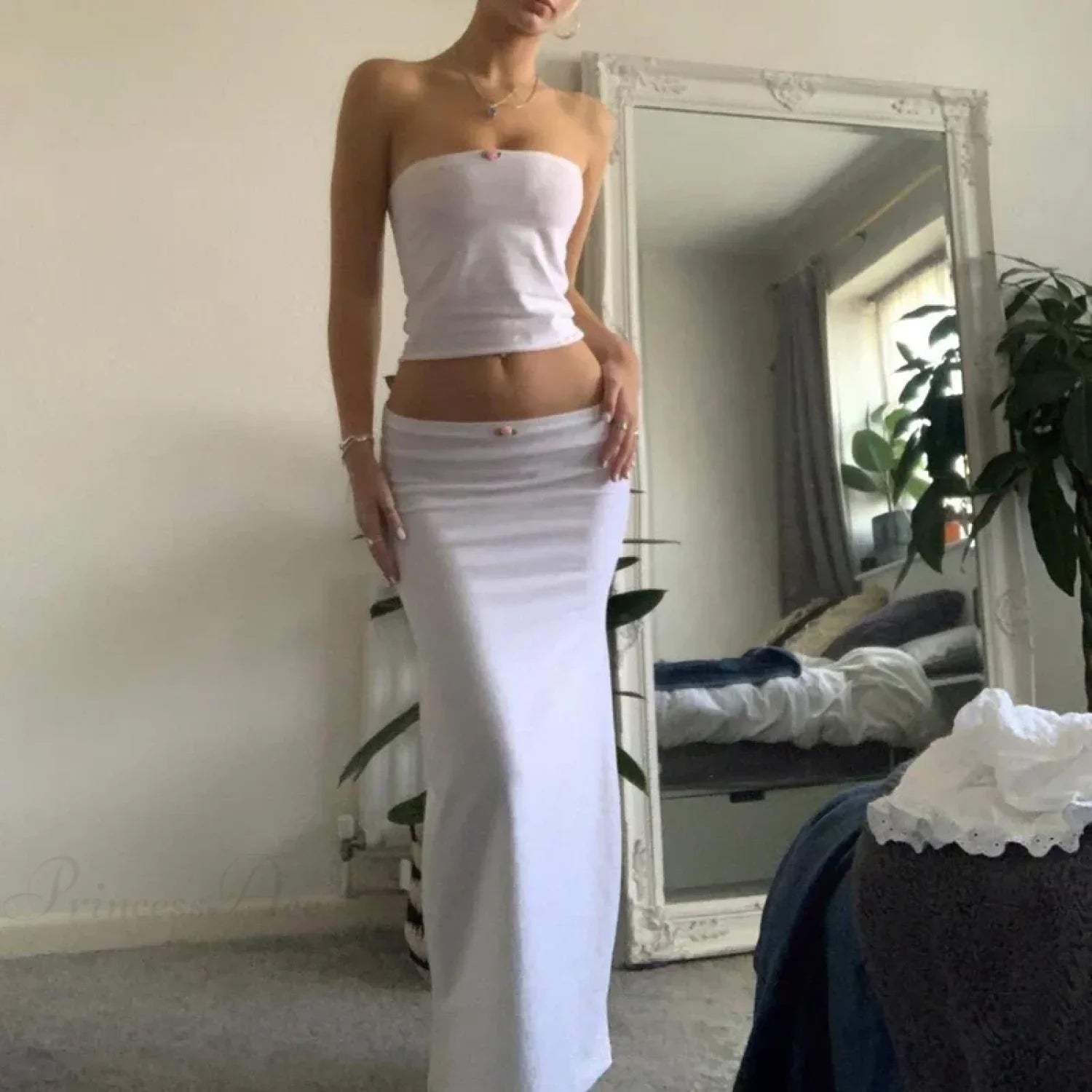 Chic Women Chest Wrap Tube Tops + Low Rise Long Skirt Summer Strapless Camis Crop Tops Y2K Fairycore Vintage 2 Piece Set Outfits image 2
