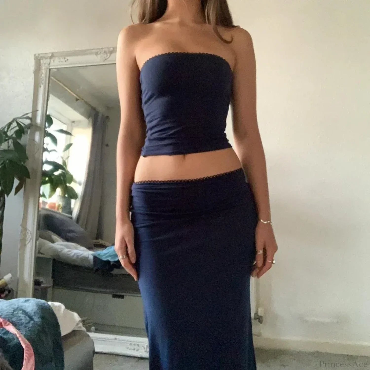 Chic Women Chest Wrap Tube Tops + Low Rise Long Skirt Summer Strapless Camis Crop Tops Y2K Fairycore Vintage 2 Piece Set Outfits image 5